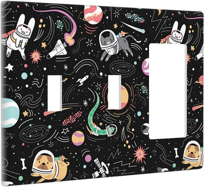 Space Cute Cat Dog Decorative Combo 2 Toggle 1 Rocker Light Switch Cover Wall Plate Single Decora 3 Gang for Electrical Outlet Kitchen Kids Boys Room Bedroom Bathroom Home Novelty Decorate