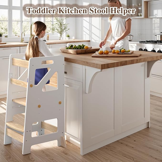 Adjustable Toddler Standing Tower – Complete Toddler Kitchen Stool Helper with Safety Rail – Ideal Kids Learning Step Stool for Cooking, Cleaning & More – Sturdy Wooden Design(White)