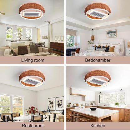 19.7'' Low Profile Ceiling Fans with Lights, Flush Mount Bladeless Ceiling Fan and Remote Control, Modern Ceiling Fan with Light,Quiet Reversible DC Motor Fan (Brown)