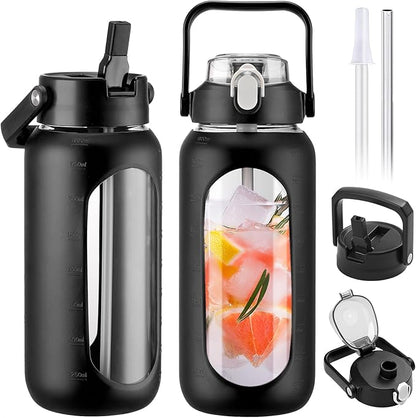 BLUEGO 64oz Glass Water Bottles with 2 Lids Flip Lid and Spout Lid Half Gallon Water Bottle with Straw 2L Large Water Bottle with Time and Capacity Markers for Gym Home Office Leak-proof, Black