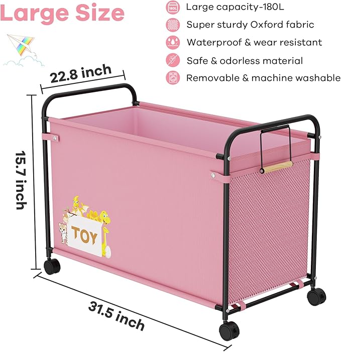 180L Kids Large Toy Box with Wheels, Metal & Oxford Cloth Big Toy Chest for Boys Girls, Toy Organizer with Wooden Handle for Bedroom, Living Room Area, Stuffed Animals, Clothes(Pink, 1PC)