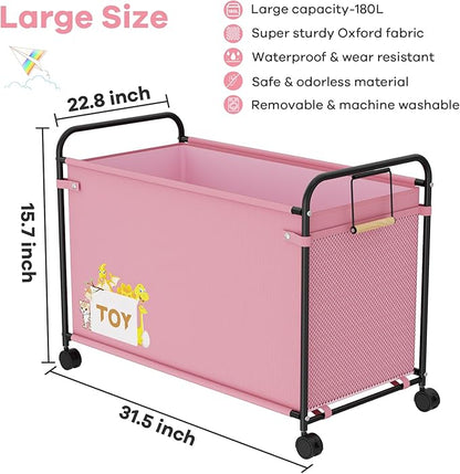 180L Kids Large Toy Box with Wheels, Metal & Oxford Cloth Big Toy Chest for Boys Girls, Toy Organizer with Wooden Handle for Bedroom, Living Room Area, Stuffed Animals, Clothes(Pink, 1PC)