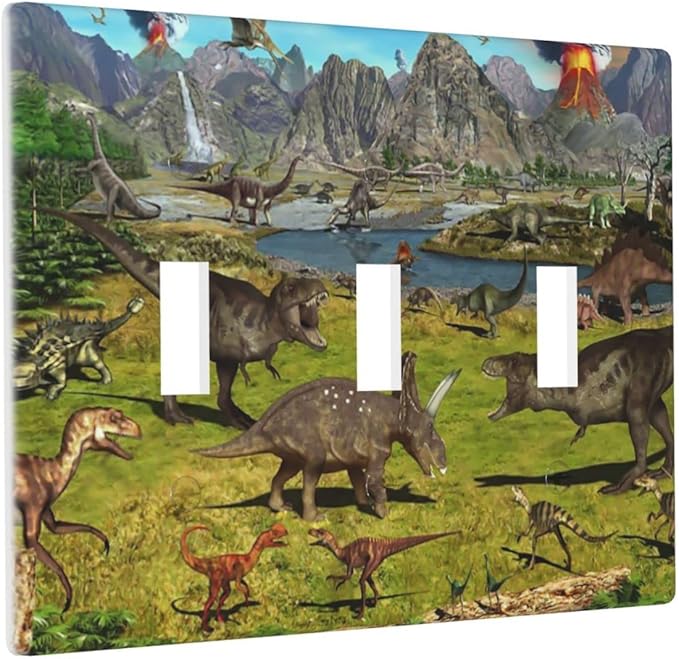 Cute Dinosaur Triple Toggle Light Switch Wall Plate Cover Decorative 3-Gang for Boys Kids Room Bathroom Bedroom Home Kitchen Three Lightswitch Polycarbonate 4.5" x 6.38"