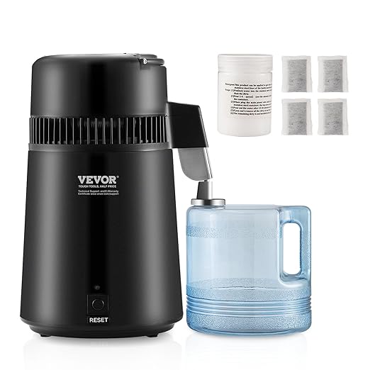 VEVOR Water Distiller, 4L 1.05 Gallon Pure Water Purifier Filter for Home Countertop, 750W Distilled Water Maker, Stainless Steel Interior Distiller Water Making Machine to Make Clean Water, Black