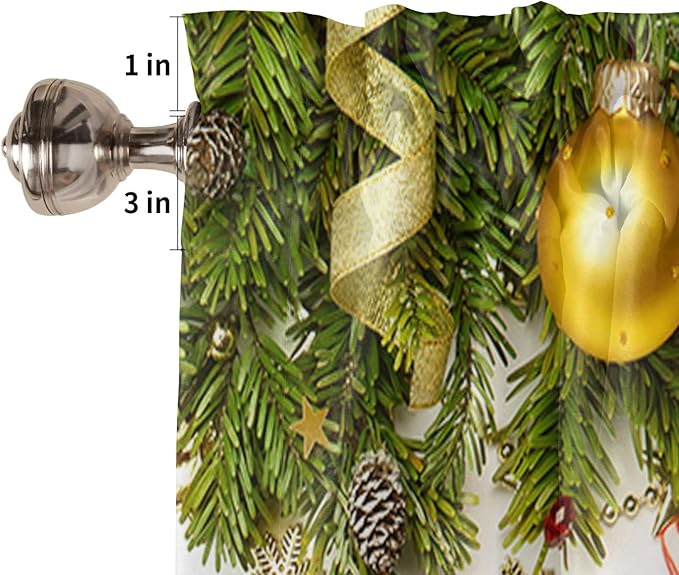 Vandarllin Christmas Valance Kitchen Curtains for Windows, Pine Cones Rod Pocket Valances Window Treatments Golden Ornament Balls Short Curtains for Bedroom/Living Room, 54" X 18" -1 Panel