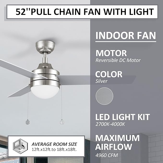 52 Inch Silver Pull Chain Ceiling Fan with Light, 3-color LED Light Adjustable, 5 Speeds Quiet Reversible DC Motor, 3 Plywood Blades Modern Ceiling Fan for Living Room, Bedroom, Kitchen