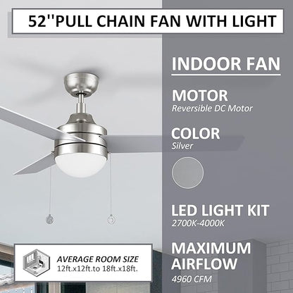 52 Inch Silver Pull Chain Ceiling Fan with Light, 3-color LED Light Adjustable, 5 Speeds Quiet Reversible DC Motor, 3 Plywood Blades Modern Ceiling Fan for Living Room, Bedroom, Kitchen