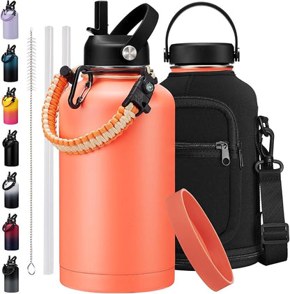 64 OZ Stainless Steel Water Bottles with Straw - 1/2 Gallon Water Bottle with Carrying Pouch, Straw Lid, Flex Cap Lid, Paracord Handle, Half Gallon Thermo Mug Water Jug for Work Gym Office Home