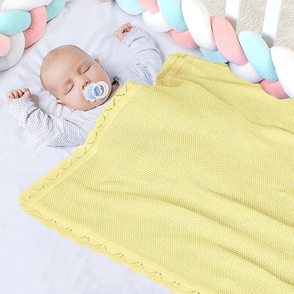 100% Cotton Baby Blanket Knit Soft Warm Lace Toddler Newborn Nursery Blanket, 30 x 40 Inches, Lemon Yellow