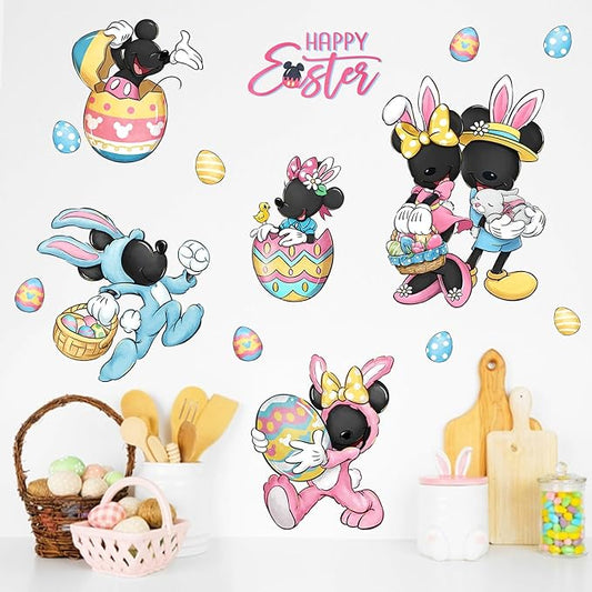 Mfault Happy Easter Cartoon Mouse Wall Decals Stickers, Eggs Bunny Decorations Bedroom Art, Rabbit Basket Chick Home Kitchen Decor Party Supplies