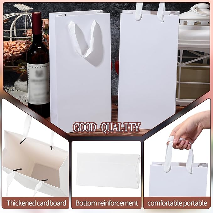 Yeaqee 50 Pack Wine Bags for Wine Double Bottles Gifts Bags 6.6" x 3.6" x 13.8" Craft Wine Bottle Wine Bags Bulk with Handles Reusable Paper Tumbler Wine Bags, Liquor Gift Bag with Handles (White)