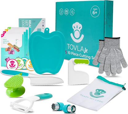 Tovla Jr Kids Montessori Cooking Tools Set - Kid Safe Kitchen Knives Gift Set - Childrens' Knife, Toddler Chopper, Vegetable Peeler ,Gloves,Cutting Board, Recipes and More