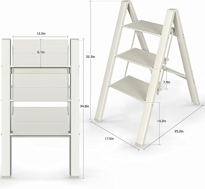 3 Step Ladder, Aluminum Folding Step Stool with Anti-Slip and Wide Pedal, for Library, Kitchen, Office, 330 lbs Capacity, White