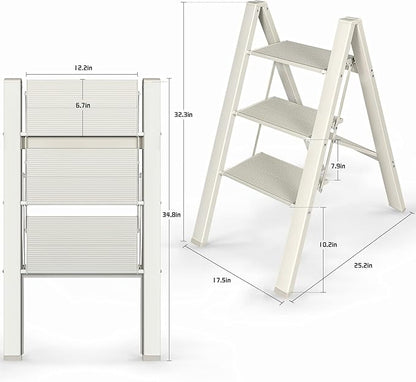 3 Step Ladder, Aluminum Folding Step Stool with Anti-Slip and Wide Pedal, for Library, Kitchen, Office, 330 lbs Capacity, White