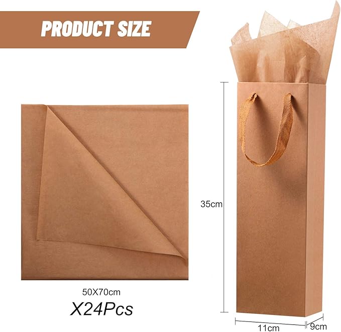 Zonon 24 Pieces Christmas Kraft Wine Bag Paper Wine Bag, Wine Bottle Bag Holder with Handles with Kraft Tissue Paper Retail Wine Bag Bulk for Wedding Party, 4 x 3.5 x 14 Inch(Brown)