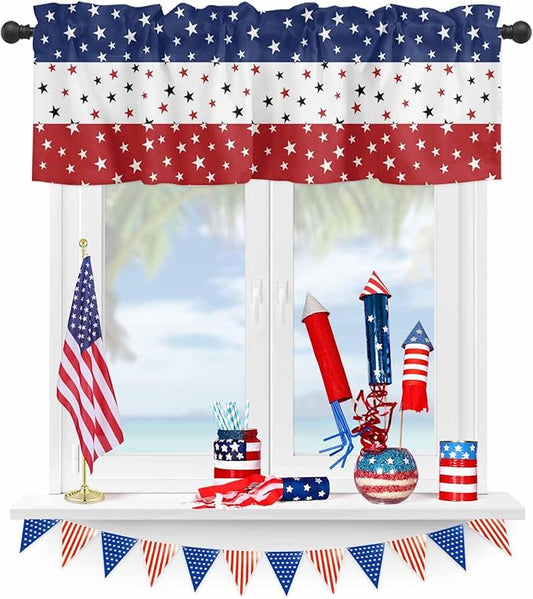 Vandarllin July 4th Kitchen Curtains Valances for Windows Red White Blue Rod Pocket Window Treatment for Kitchen/Living Room/Bedroom/Bathroom, 60" X 18", Independence Day Americana Stars