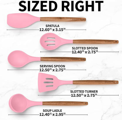 Zulay Kitchen Utensils Set - Non-Stick Silicone Cooking Utensils Set with Authentic Acacia Wood Handles - 5 Piece Silicone Utensil Set - Silicone Kitchen Utensils Set (Pink)