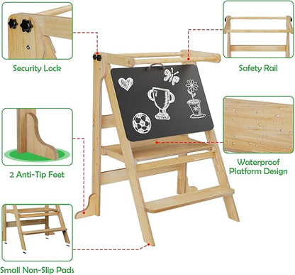 Toddler Tower for 2 Kids Foldable, Montessori Kitchen Standing Tower for Twin Toddlers 1-3, Step Stool with 3 Adjustable Heights & Chalkboard, Baby Helper Tower for Counter Bathroom Sink