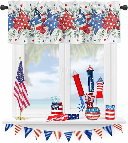 4th of July Kitchen Curtains Valances for Windows Patriotic Memorial Day Rod Pocket Window Treatment for Kitchen /Living Room/Bedroom/ Bathroom, 54" X 18", American Flag Stars Summer Poppy Eucalyptus