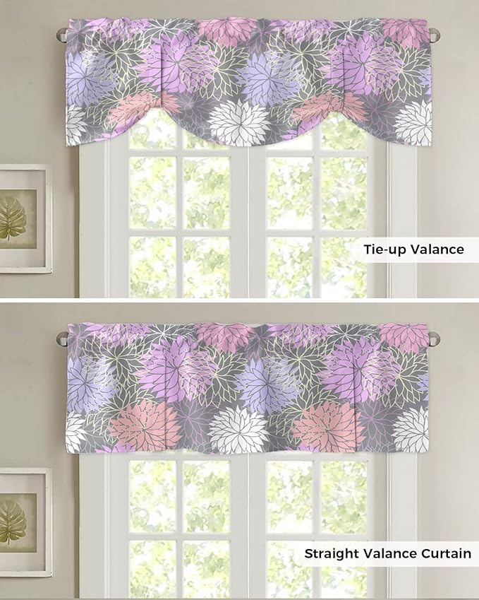 Tie Up Valance for Kitchen Living Room Farmhouse - Chrysanthemum Pink Purple Flower Rod Pocket Adjustable Tie-up Shade Valance for Small Window, Window Valance Balloon Drape for Bathroom 42x18 inches