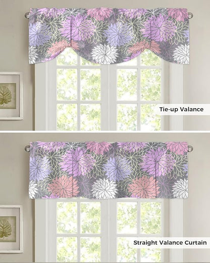 Tie Up Valance for Kitchen Living Room Farmhouse - Chrysanthemum Pink Purple Flower Rod Pocket Adjustable Tie-up Shade Valance for Small Window, Window Valance Balloon Drape for Bathroom 42x12 inches