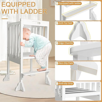 WOOD CITY Montessori Foldable Standing Tower- Kitchen Step Stool Helper for Toddlers with Safety Rail, Height Adjustable Ideal Helper for Learning New Skills(White