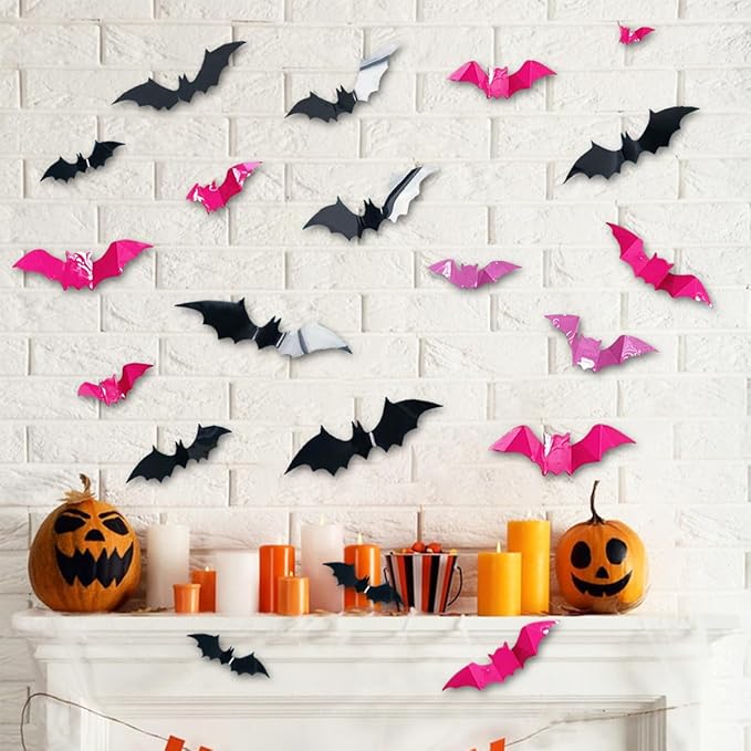 48 Pcs Halloween Wall Decor 3D Bats Wall Decals Removable Rose Pink Black Designs DIY Halloween Decorations Stereo Bats Wall Stickers for Halloween Party Indoor Home Kitchen Bedroom Decorations