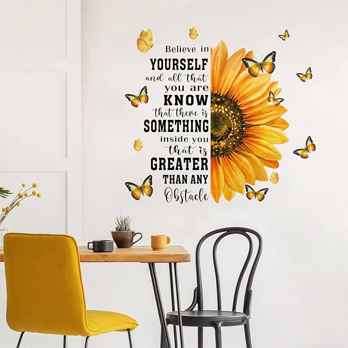 Mfault Spring Summer Sunflower Inspirational Wall Decals Stickers, Fall Flowers Motivational Believe in Yourself Quote Decorations Girls Bedroom Art, Positive Butterfly Home Kitchen Living Room Decor