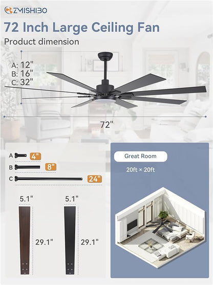 72 inch Large Ceiling Fans with Lights and Remote, Indoor/Outdoor Black Modern Ceiling Fan for Kitchen Living Room Patio, 6 Speed Reversible Quiet DC Motor, 3 CCT, Dual Finish 8 Blades