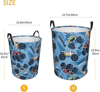 Monster Truck Car Pattern Round Laundry Hamper Storage Basket Toys Clothes Organizer Bin For Home Bathroom Bedroom Dorm Nursery, 62l