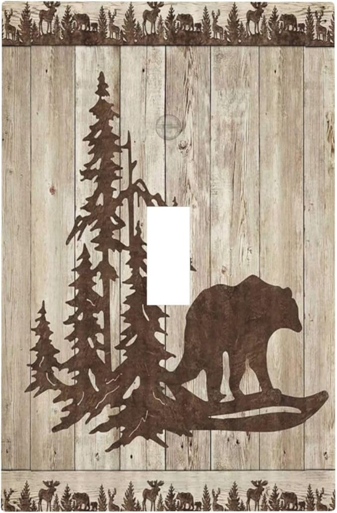 Rustic Wood Bear Forest 1 Gang Light Switch Cover Decorative Vintage Antique Cabin Single Toggle Wall Plate Switchcovers Electrical Switchplate Home Decor for Farmhouse Living Room Bedroom Decorate