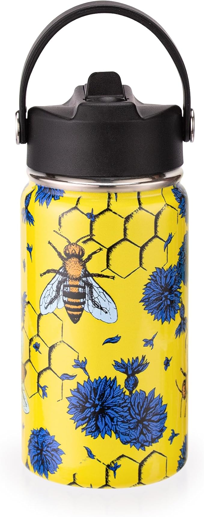 12oz Kids Insulated Water Bottle with Flip Straw & Big Handle, Bees & Flowers, Double Wall 18/8 Stainless Steel, Leakproof Gift for Kids Boys Girls to School Travel Sports, Hands Wash Only, Yellow