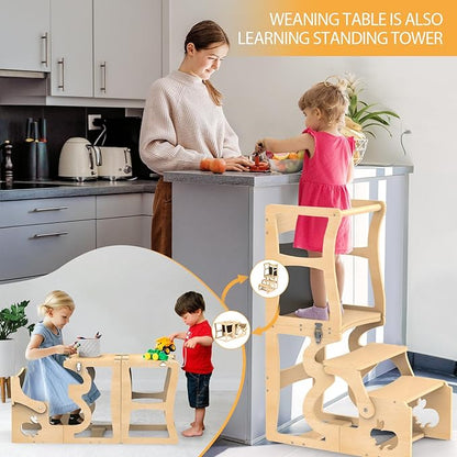 Toddler Tower, Kitchen Stool Helper for Toddlers, Learning Wooden Tower with Chalkboard and Backrest, 3 in 1 Kitchen Standing Tower, Foldable Weaning Table with Safety Rail, Step Stool Montessori