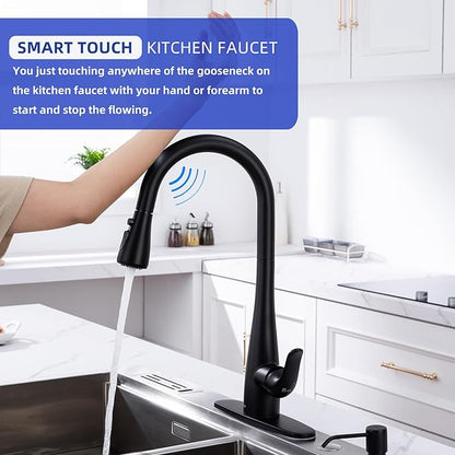 Touch on Kitchen Faucet with Soap Dispenser and Pull Down Sprayer - Single Handle Kitchen Sink Faucet, 1 or 3 Hole Design for Modern Farmhouse Kitchens, Rv, and Bar Sinks(Matte Black)