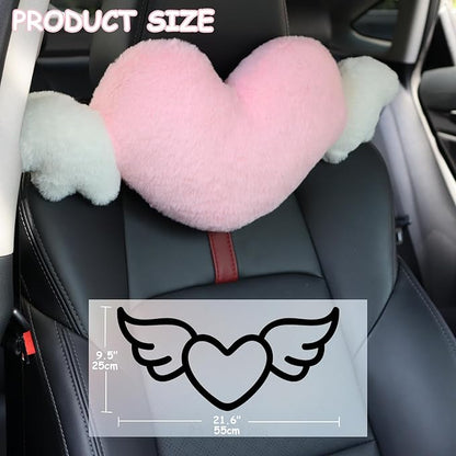 2 Pack Heart Shaped Pillow with Angel Wings Cute Neck Pillow for Car Headrest Cushion Comfortable Soft Car Pillow for Driving Seat Back Kawaii Car Accessories Travelling Home Décor - Pink