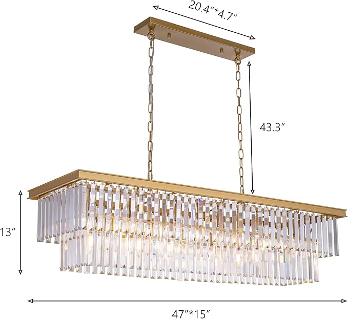 Wellmet Crystal Chandelier 47 inch, 11-Light Modern Gold Rectangular Crystal Chandelier Ceiling Hanging, Linear Chandeliers Light Fixture for Living Room, Dining Room, Bedroom, Kitchen Island