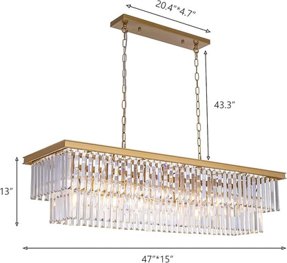 Wellmet Crystal Chandelier 47 inch, 11-Light Modern Gold Rectangular Crystal Chandelier Ceiling Hanging, Linear Chandeliers Light Fixture for Living Room, Dining Room, Bedroom, Kitchen Island