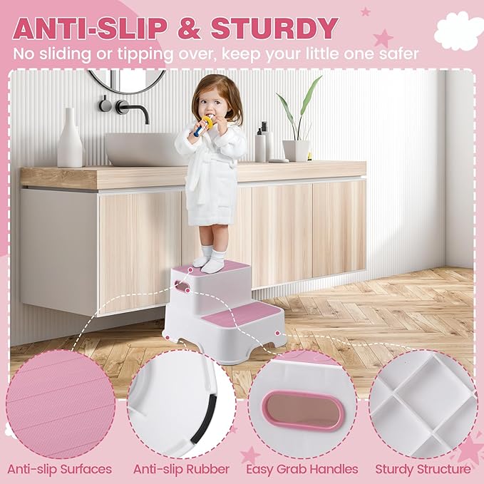 Toddler Step Stool for Bathroom Sink - 2 Step Stools for Kids, Non-Slip Double up Baby Child Toddler Stepping Stool for Potty Training, Kitchen, Bedroom, Toilet Step Stool for Kids (2 Pack, Pink)