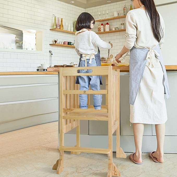 WOOD CITY Kitchen Step Stool Helper - Montessori Foldable Standing Tower for Toddlers with Safety Rail, Height Adjustable Ideal Helper for Learning New Skills, Natural Pure Pine Wood (Natural)