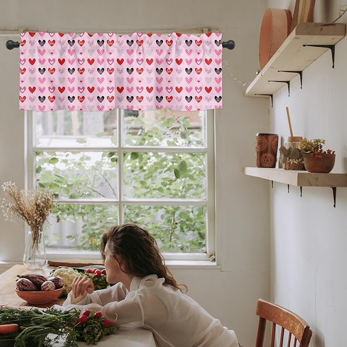 Vandarllin Valentines Day Valances Kitchen Curtains for Windows, Valentines Decor Rod Pocket Valances Red Pink Hearts Home Decorations Short Curtains for Bedroom/Living Room,54" X 18" -1 Panel