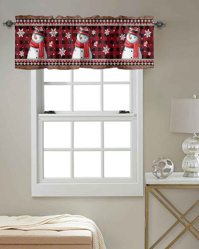 Vandarllin Christmas Kitchen Curtains Valances for Windows Funny Snowman Snowflake Rod Pocket Window Treatment for Kitchen/Living Room/Bedroom/Bathroom,60" X 18" -1 Panel, Red Farmhouse