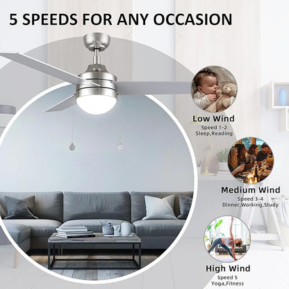 52 Inch Silver Pull Chain Ceiling Fan with Light, 3-color LED Light Adjustable, 5 Speeds Quiet Reversible DC Motor, 3 Plywood Blades Modern Ceiling Fan for Living Room, Bedroom, Kitchen