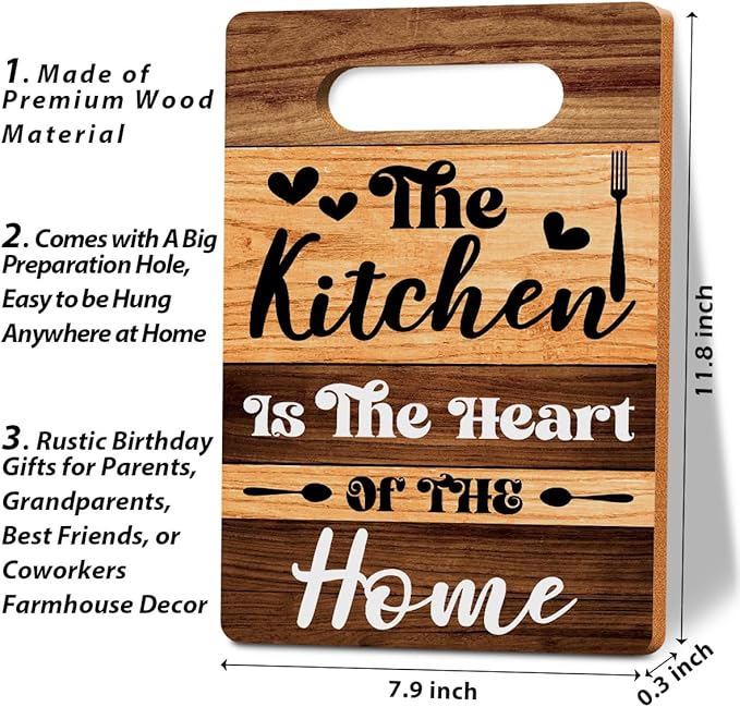 The Kitchen Is the Heart of the Home Cutting Board Gifts, Wood Cutting Boards for Kitchen, House Warming Gifts New Home, Kitchen Wall Art, Christmas Birthday Gifts for Women Mom Grandma 8 x 12 Inch