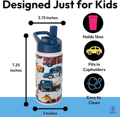 Biddlebee Kids Water Bottle with Straw Lid | 14oz Insulated Stainless Steel Reusable Bottles for School | Leak Proof Cap with Handle & Touch Free Spout | Great for Boys & Girls (Hometown Heroes)