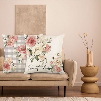 Spring Pillow Covers 18x18 - Spring Decorations for Home, Spring Farmhouse Throw Pillow Cover Garden Linen Cushion Case for Home Decor