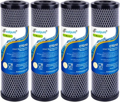 1 Micron 10" x 2.5" Whole House CTO Carbon Water Filter Cartridge Replacement for Home Countertop System, Dupont WFPFC8002, WFPFC9001, FXWTC, SCWH-5, WHEF-WHWC, WHCF-WHWC, CTO10, T01, 4PACK