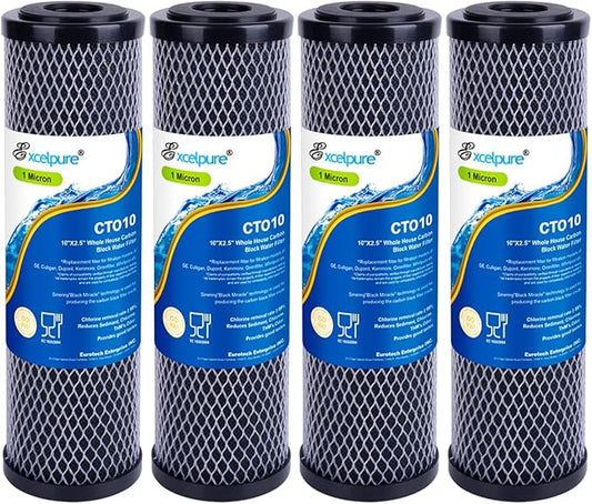 1 Micron 10" x 2.5" Whole House CTO Carbon Water Filter Cartridge Replacement for Home Countertop System, Dupont WFPFC8002, WFPFC9001, FXWTC, SCWH-5, WHEF-WHWC, WHCF-WHWC, CTO10, T01, 4PACK