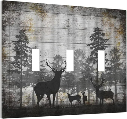 Rustic Deer Forest Vintage Wood Board 3 Gang Boho Light Switch Covers Decorative Country Unique Triple Toggle Wall Plate Electrical Faceplate Switchplate for Farmhouse Bedroom Home Decor