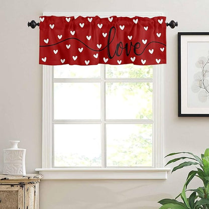 Vandarllin Valentines Day Hearts Valances Kitchen Curtains for Windows, Valentines Decor LOVE Rod Pocket Valances Red White Short Curtains for Bedroom/Living Room,54" X 18" -1 Panel