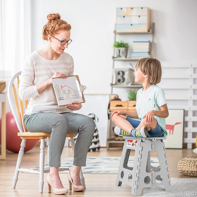 ACSTEP Folding Step Stool 16 Inch Stool Heavy Duty Plastic Foldable Step Stools for Adults and Kids, Stepping Stool with Handle, Folding Stool Suitable for Kitchen Hold Up to 400lbs (Grey 1PC)